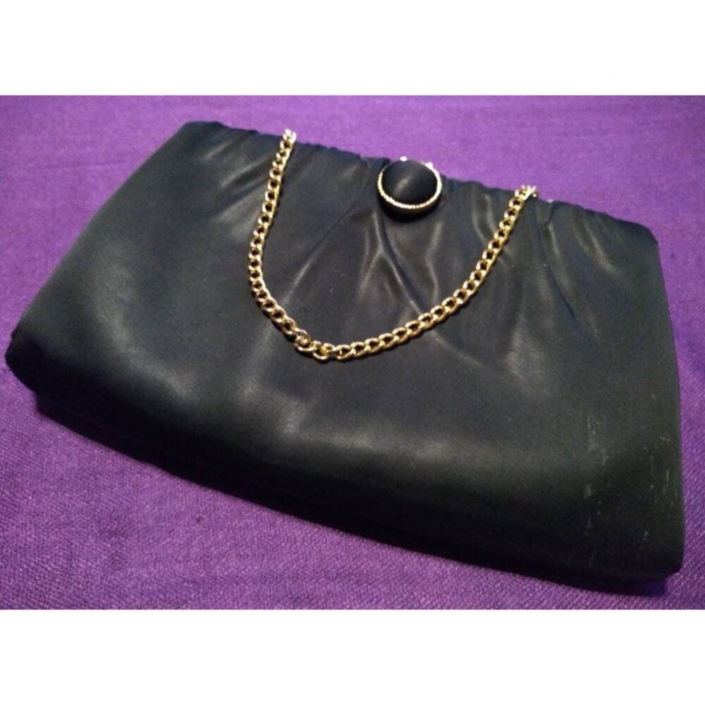 Vintage Black satin clutch handbag purse bag clasp retractable Chain Handle AsIs - Picture 2 of 10